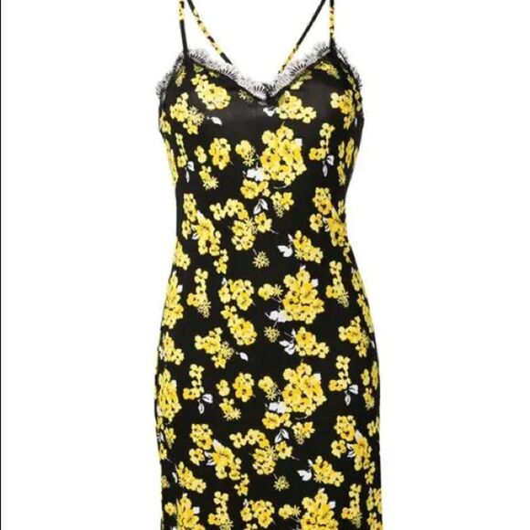 MICHAEL MICHAEL KORS Yellow and black Floral Print Midi Length Dress  NWT $195 - Picture 1 of 3